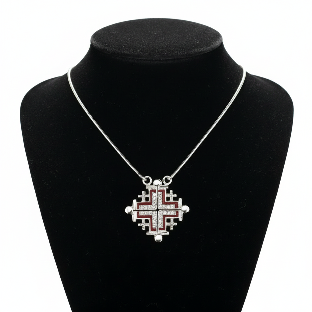 Two-Way Dark Red Magnetic Jerusalem Cross Necklace (White Gemstones)