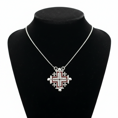 Two-Way Dark Red Magnetic Jerusalem Cross Necklace (White Gemstones)