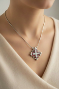 Two Way Dark Red Magnetic Jerusalem Cross Necklace with White Gemstones, Small