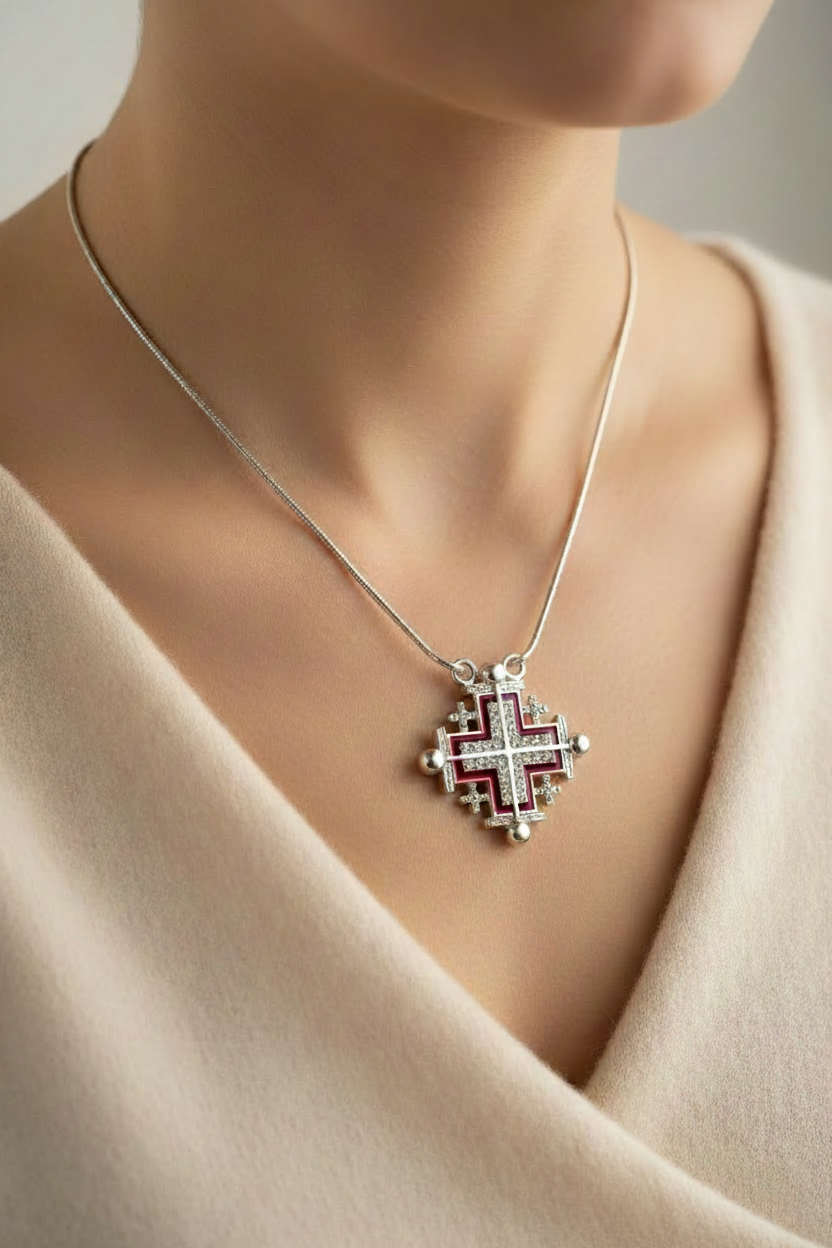 Two Way Dark Red Magnetic Jerusalem Cross Necklace with White Gemstones, Small