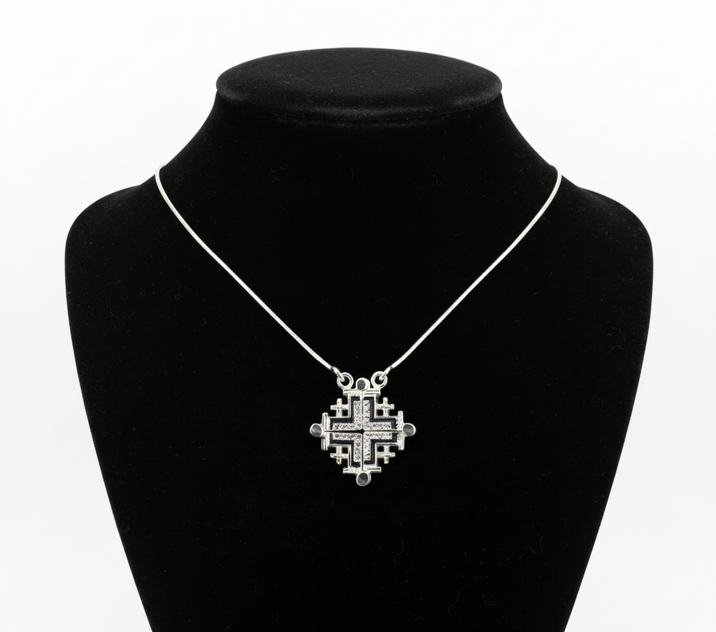 Two-Way Magnetic Dark Blue Jerusalem Cross Necklace (White Gemstones)(S)