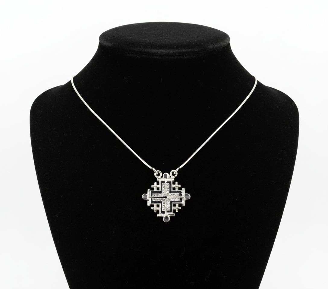 Two-Way Magnetic Jerusalem Cross Necklace (White Gemstones)