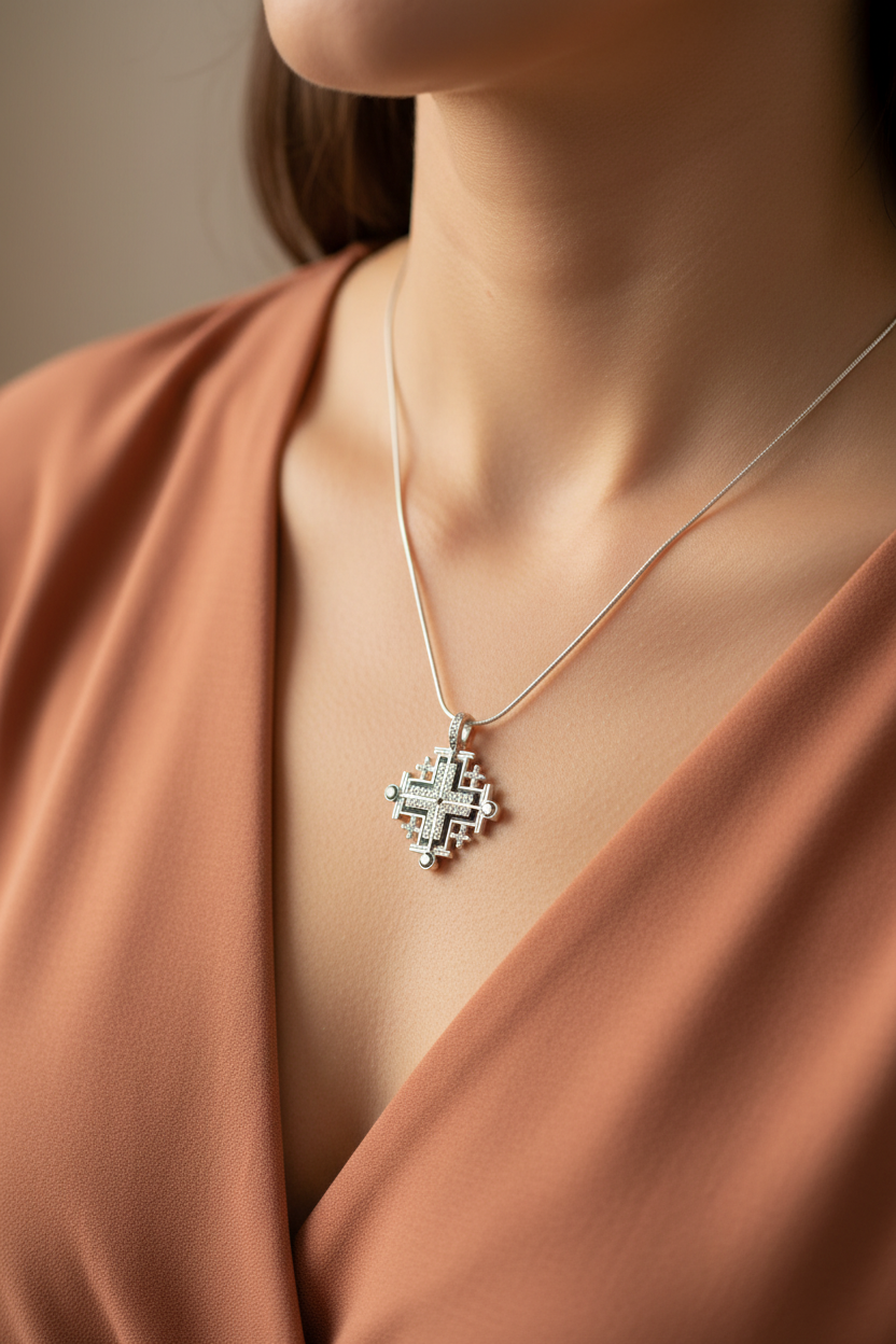 Two Way Magnetic Dark Blue Jerusalem Cross Necklace (White Gemstones)(S)