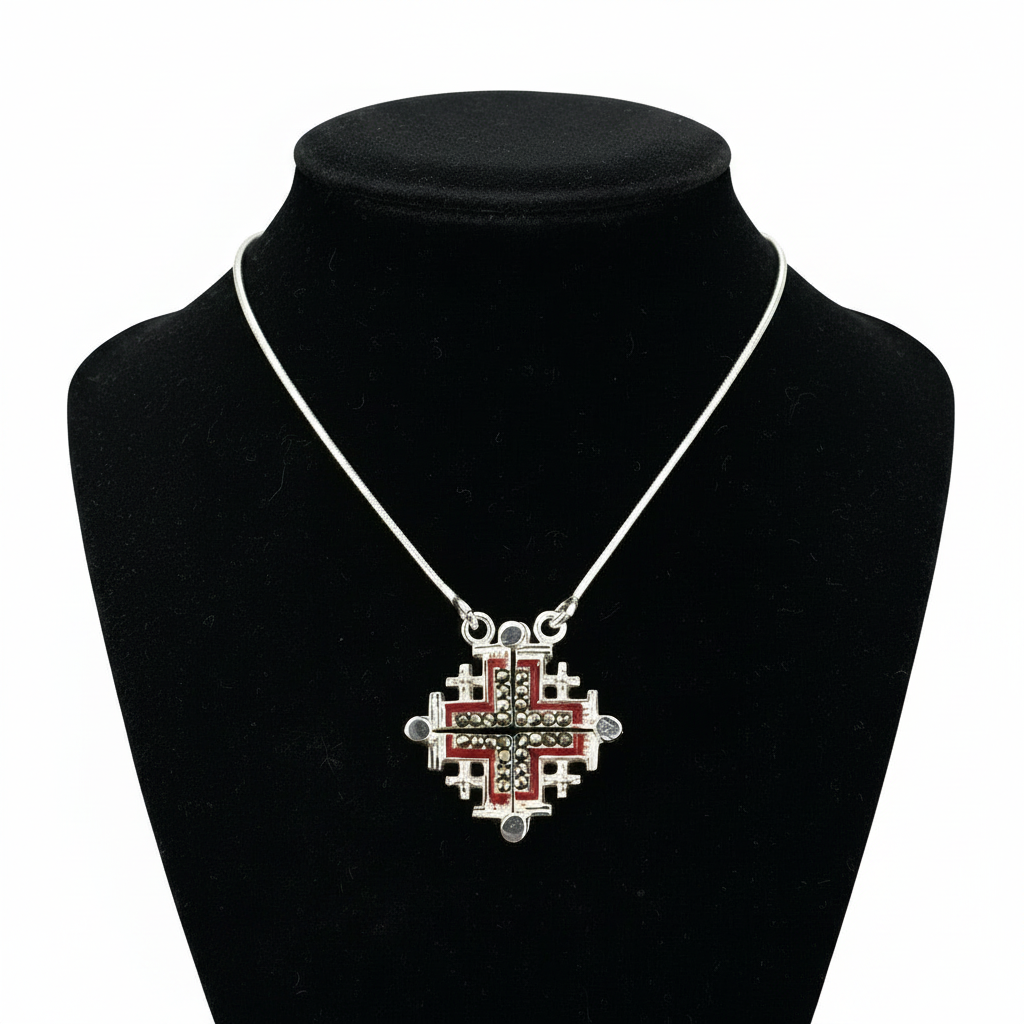 Two-Way Dark Red Magnetic Jerusalem Cross Necklace with Gemstones
