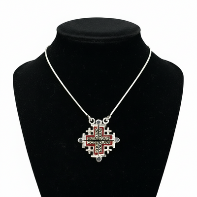 Two-Way Dark Red Magnetic Jerusalem Cross Necklace with Gemstones