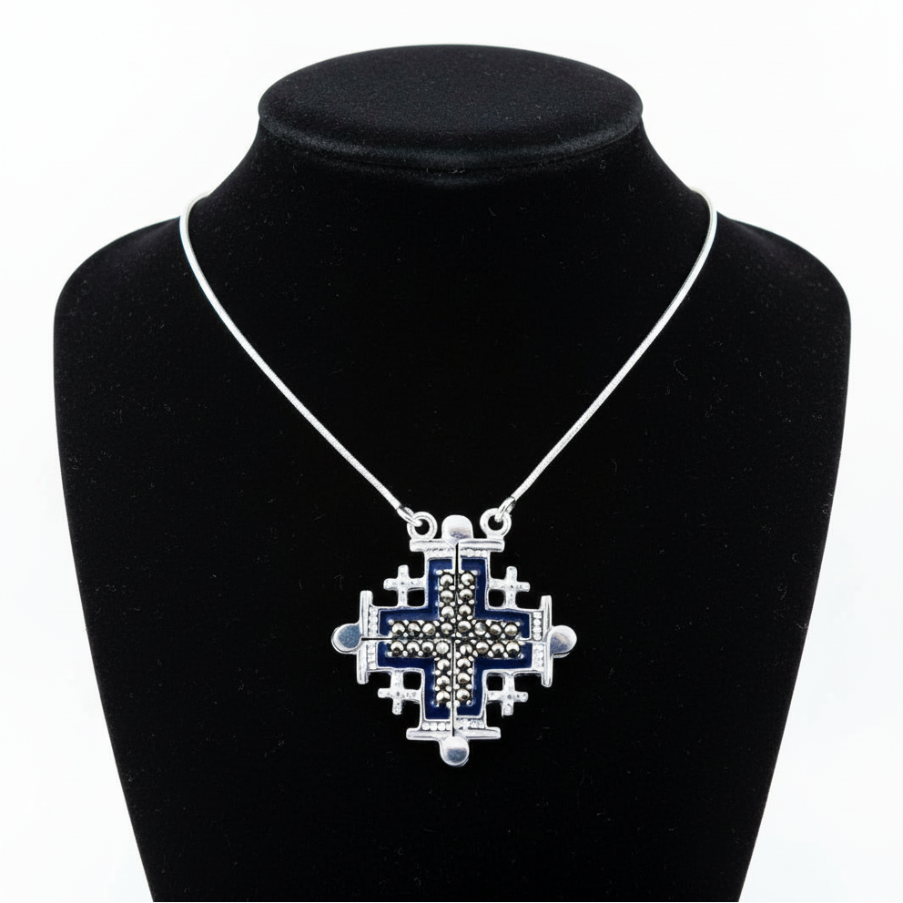 Two-Way Dark Blue Magnetic Jerusalem Cross Necklace