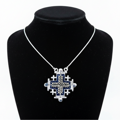 Two-Way Dark Blue Magnetic Jerusalem Cross Necklace