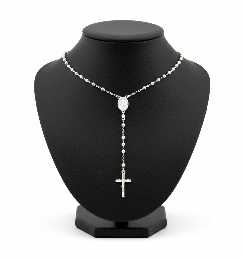 Olive wood rosary hand made in Bethlehem Holy Land, front view of the sterling silver masterpiece