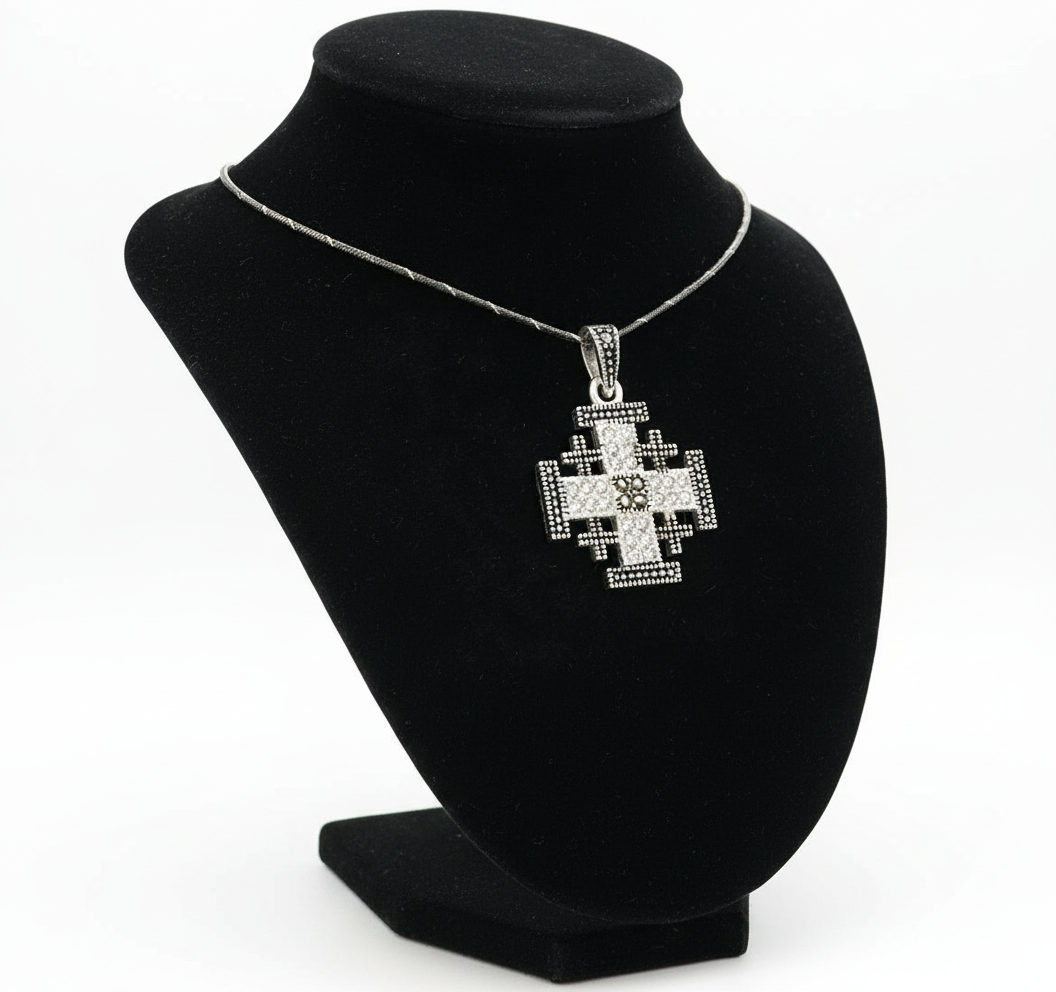 Jerusalem Cross Necklace with Gemstones (S), Sterling Silver