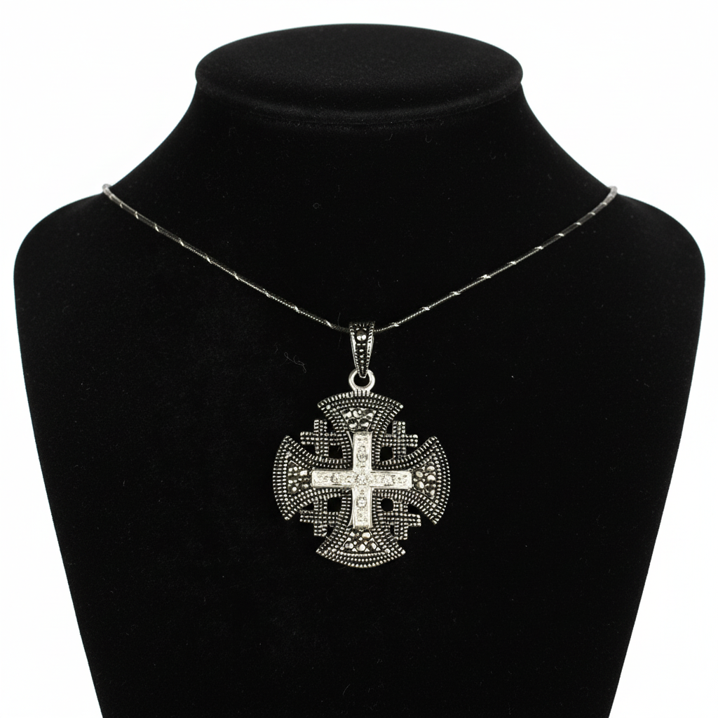 Jerusalem Cross Necklace with Black Gemstones Multi Layers (S) Sterling Silver Alisee Pattee
