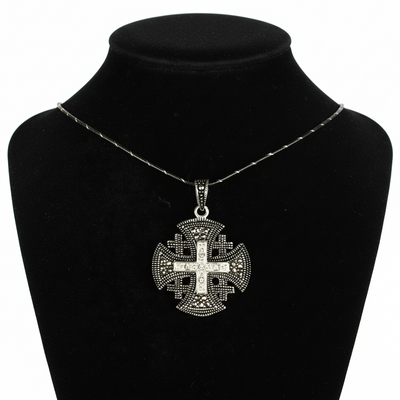 Jerusalem Cross Necklace with Black Gemstones Multi Layers (S) Sterling Silver Alisee Pattee