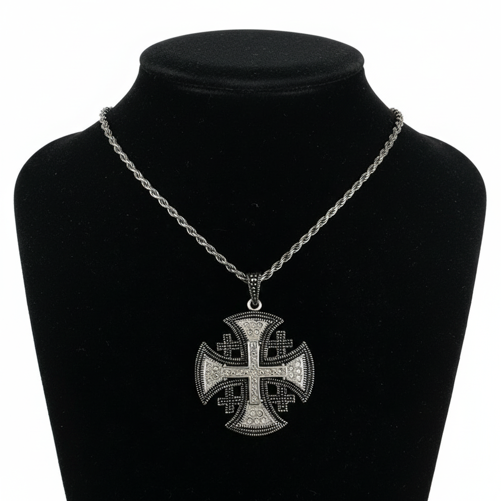 Jerusalem Cross Necklace with Gemstones Multi Layers (L). Sterling Silver Alisee Pattee