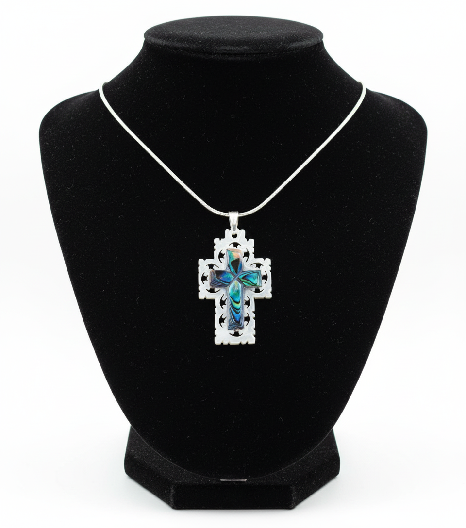 Necklace with Colorful Mother of Pearl Cross Pendant, Sterling Silver