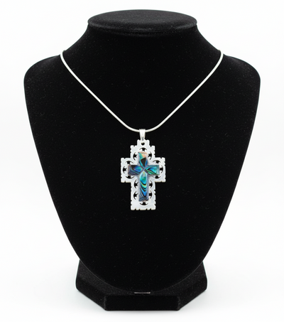 Necklace with Colorful Mother of Pearl Cross Pendant, Sterling Silver