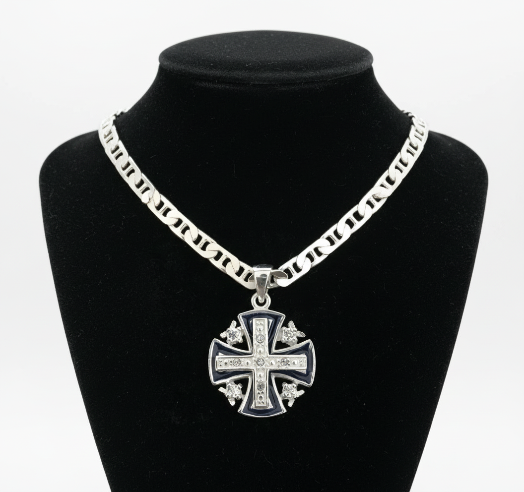 Dark Blue Jerusalem Cross Necklace with White Gemstones