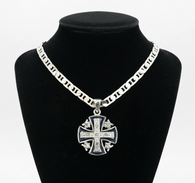 Dark Blue Jerusalem Cross Necklace with White Gemstones