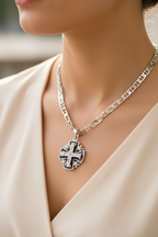 Dark Blue Jerusalem Cross Necklace with White Gemstones