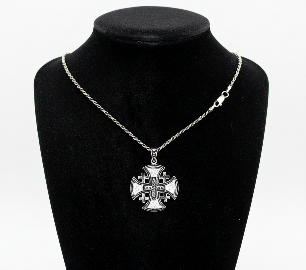Religious jewelry hand made in Bethlehem Holy Land, front view of the sterling silver masterpiece