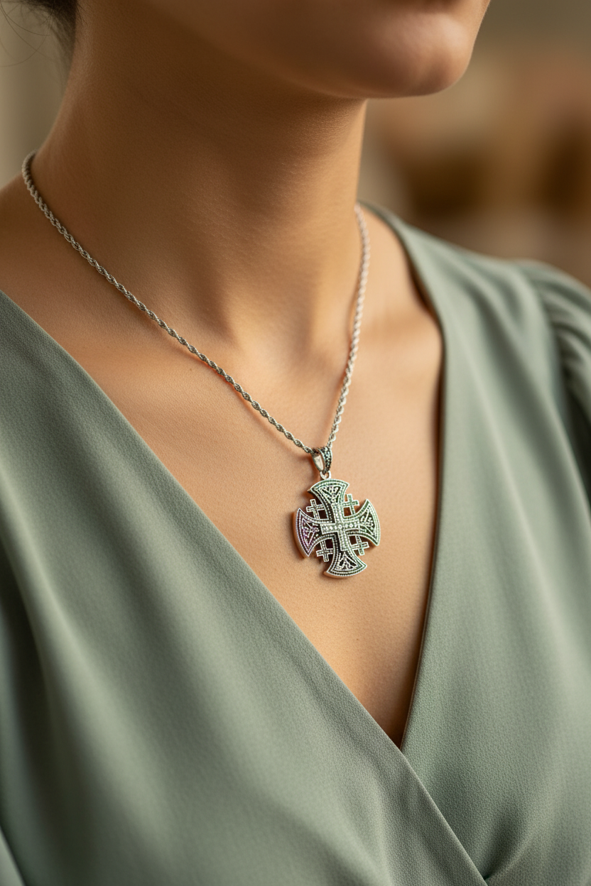 Jerusalem Cross Necklace (L), Sterling Silver with Gemstones | Bethlehem Holy Land