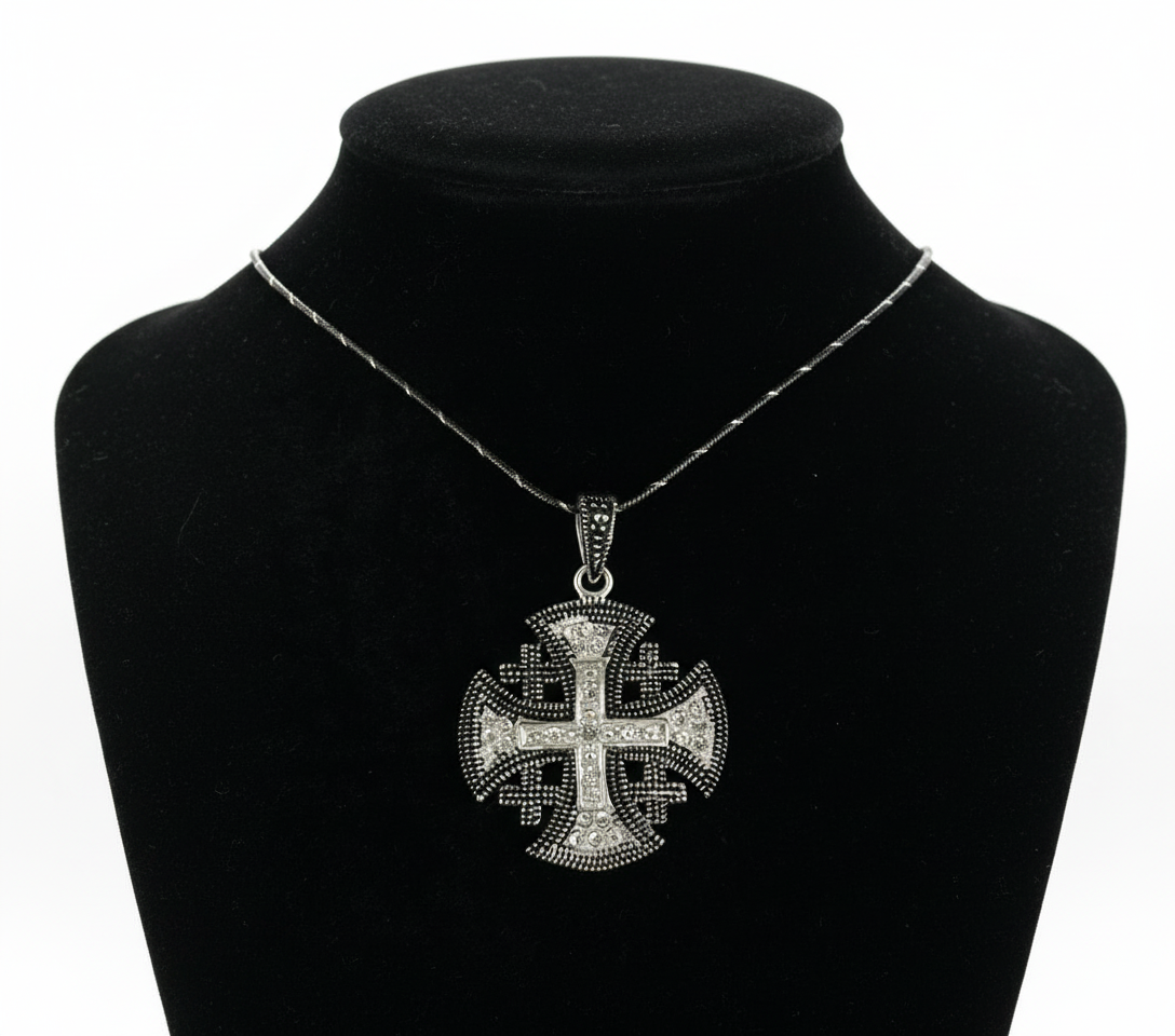 Jerusalem Cross Necklace with White Gemstones Multi Layers (S) Sterling Silver Alisee Pattee