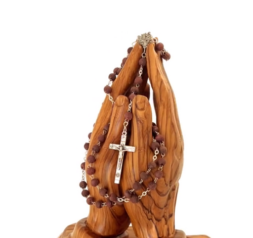 Olive wood rosary hand made in Bethlehem Holy Land, front view of the olive wood masterpiece