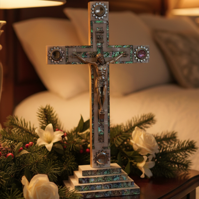 Standing Crucifix, 13.5" with 2.5" Base, Holy Land Olive Wood and Mother of Pearl, with 5 souvenirs