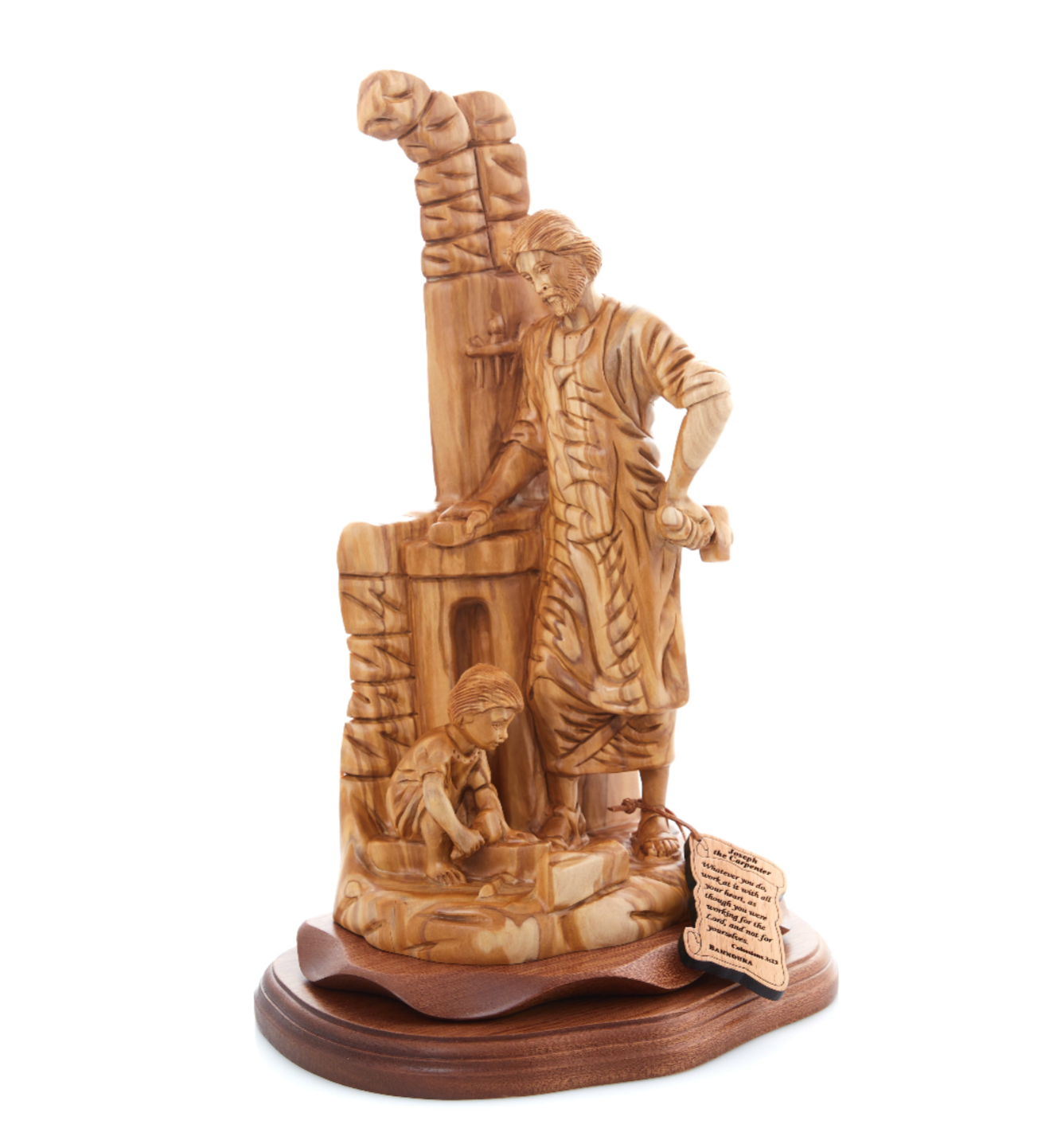 St. Joseph "The Carpenter with Jesus Playing" Sculpture, 14.2" Holy Land Olive Wood Carving