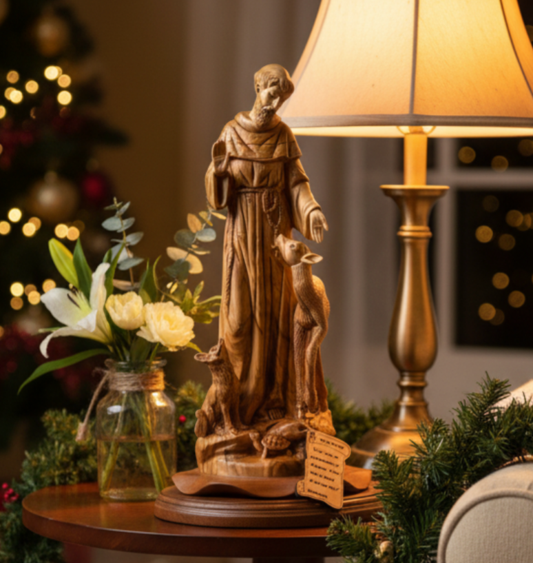 St. Frances Assisi with Deer Masterpiece, 15.4" Wood Carving from Holy Land Olive Wood