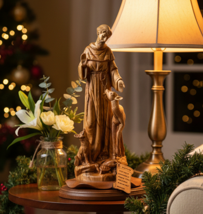 St. Frances Assisi with Deer Masterpiece, 15.4" Wood Carving from Holy Land Olive Wood