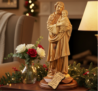 St. Joseph Carving from Olive Wood in Holy Land. 13.6"