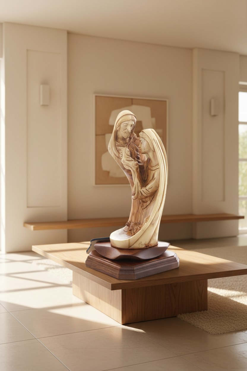 Unique Holy Family Carving Wooden Art Sculpture, 10.6"