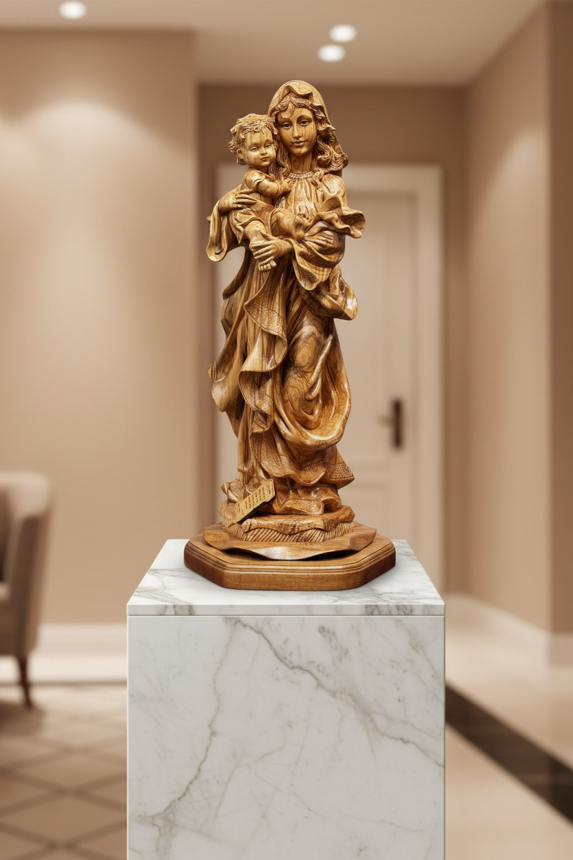 Virgen María Sosteniendo al Niño Jesús, Estatua Obra Maestra Tallada de 91 cm en Madera de Olivo de Tierra Santa