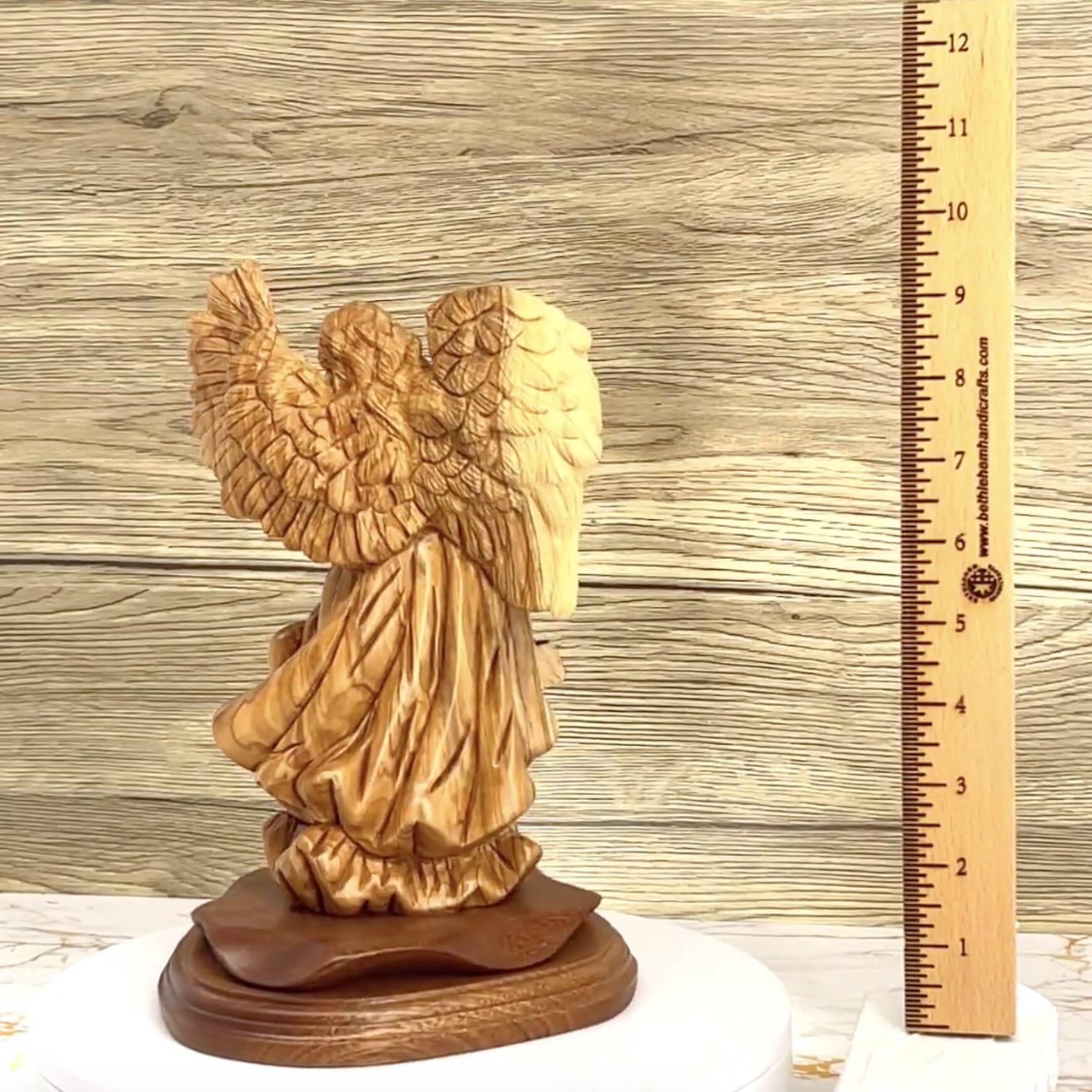 Angel olive wood statue hand carved in Bethlehem, 9.7 inch top angle showing detail of the craftsmanship