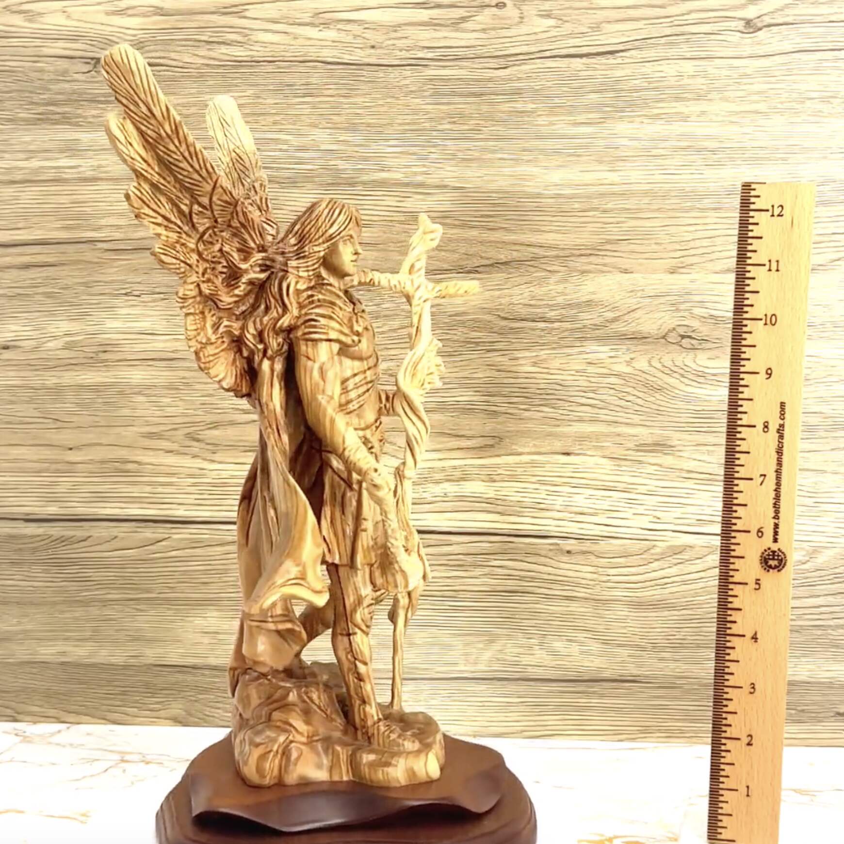 Angel olive wood statue hand carved in Bethlehem, 15 inch scale reference view