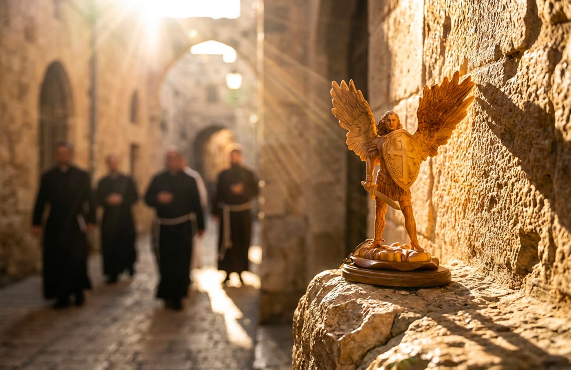 Hand carved olive wood Archangel Michael statue from Bethlehem