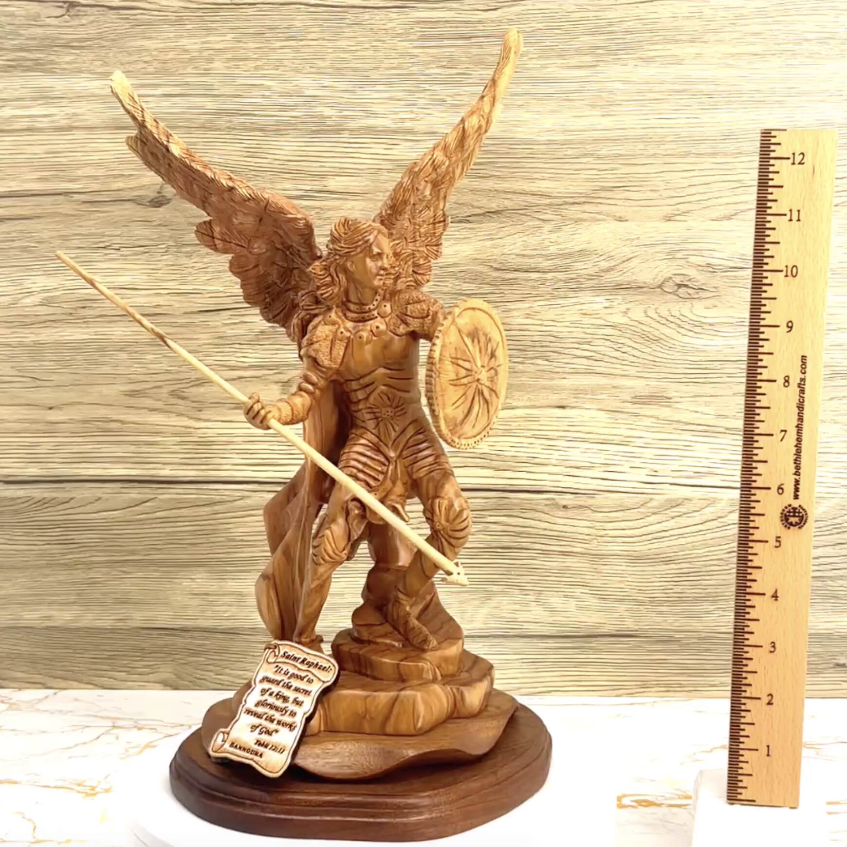 Archangel Raphael Masterpiece, 15" Wooden Sculpture from Holy Land