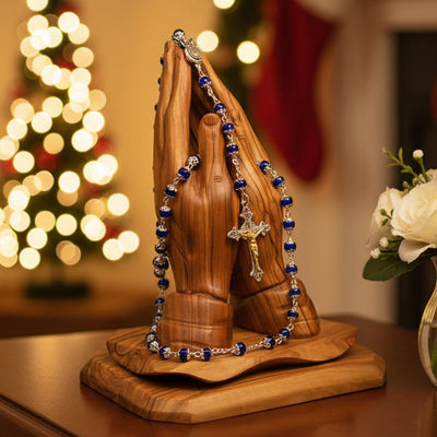 Rosary with Blue Glass Beads, Metal Chain and 2" Crucifix, Heavy Blue Coral Stone from Holy Land