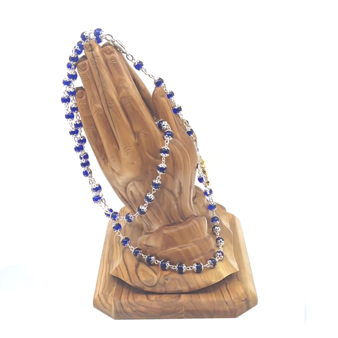 Rosary with Blue Glass Beads, Metal Chain and 2" Crucifix, Heavy Blue Coral Stone from Holy Land