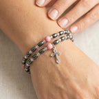 Hematite Prayer Bracelet Rosary with 4 Silver Plated Pendants, Coral Stone Beads