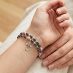 Hematite Prayer Bracelet Rosary with 4 Silver Plated Pendants, Coral Stone Beads