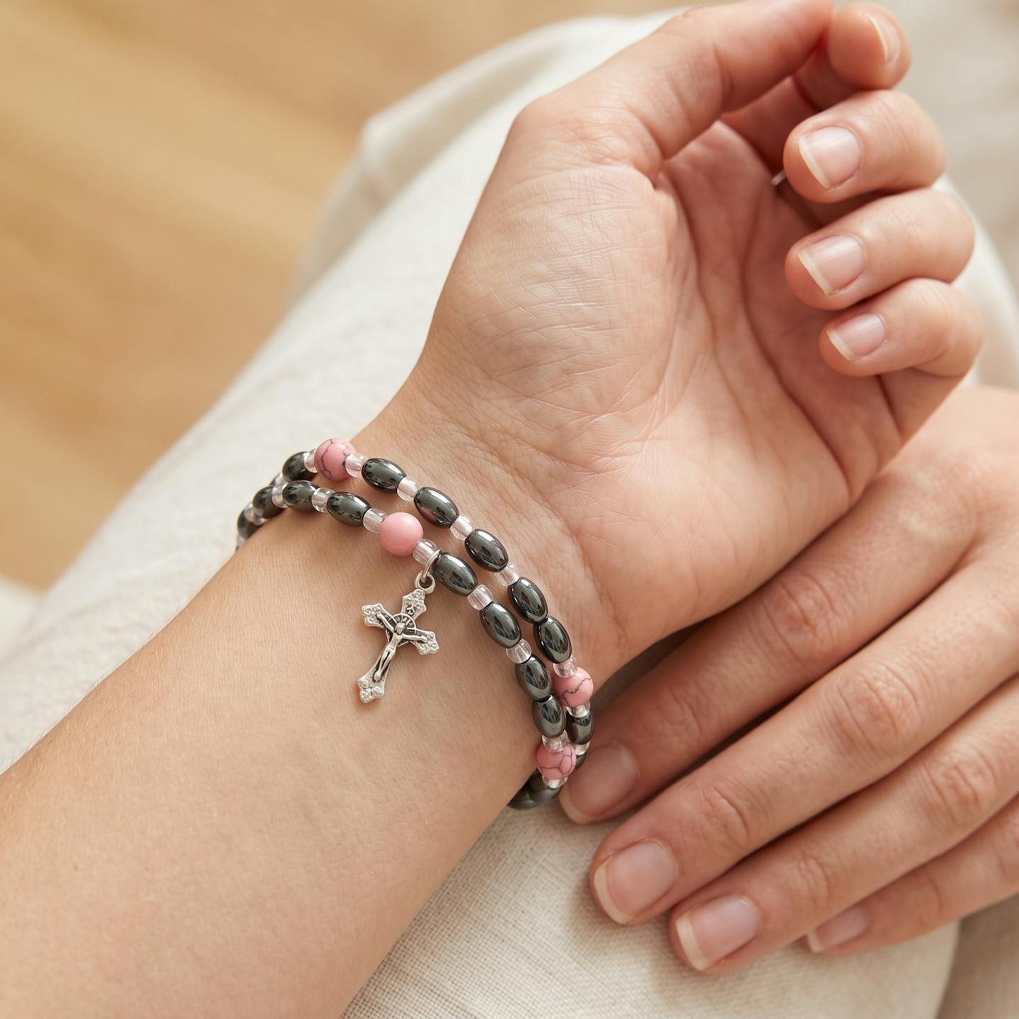 Hematite Prayer Bracelet Rosary with 4 Silver Plated Pendants, Coral Stone Beads