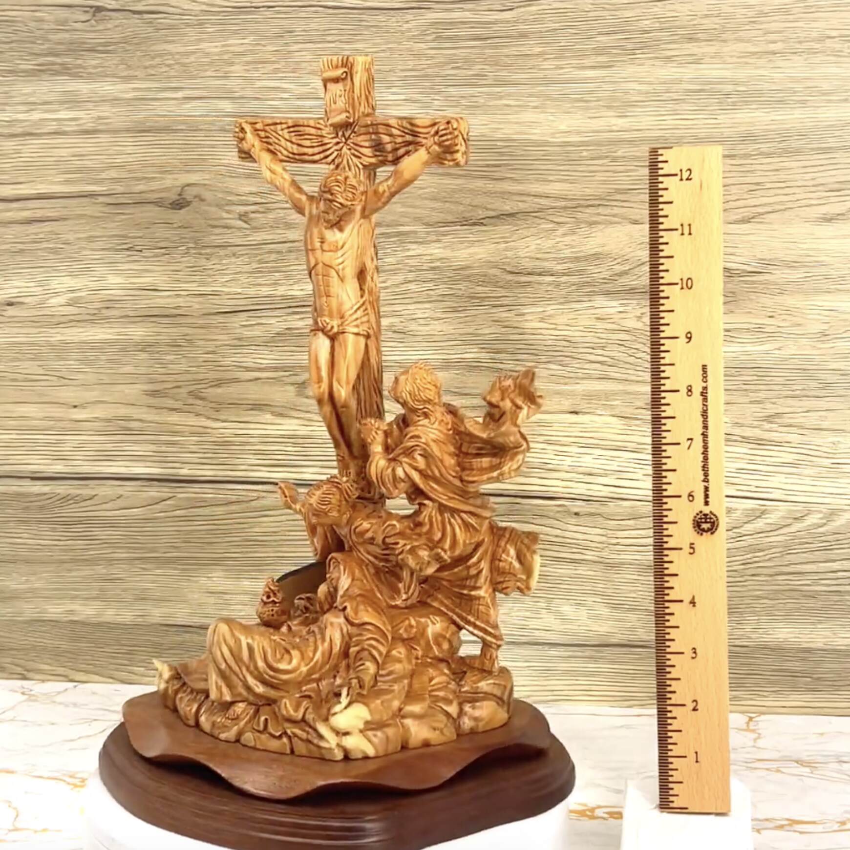 Christ Crucified on Cross with Mary Magdalene and St. John 14.4", Olive Wood Statue