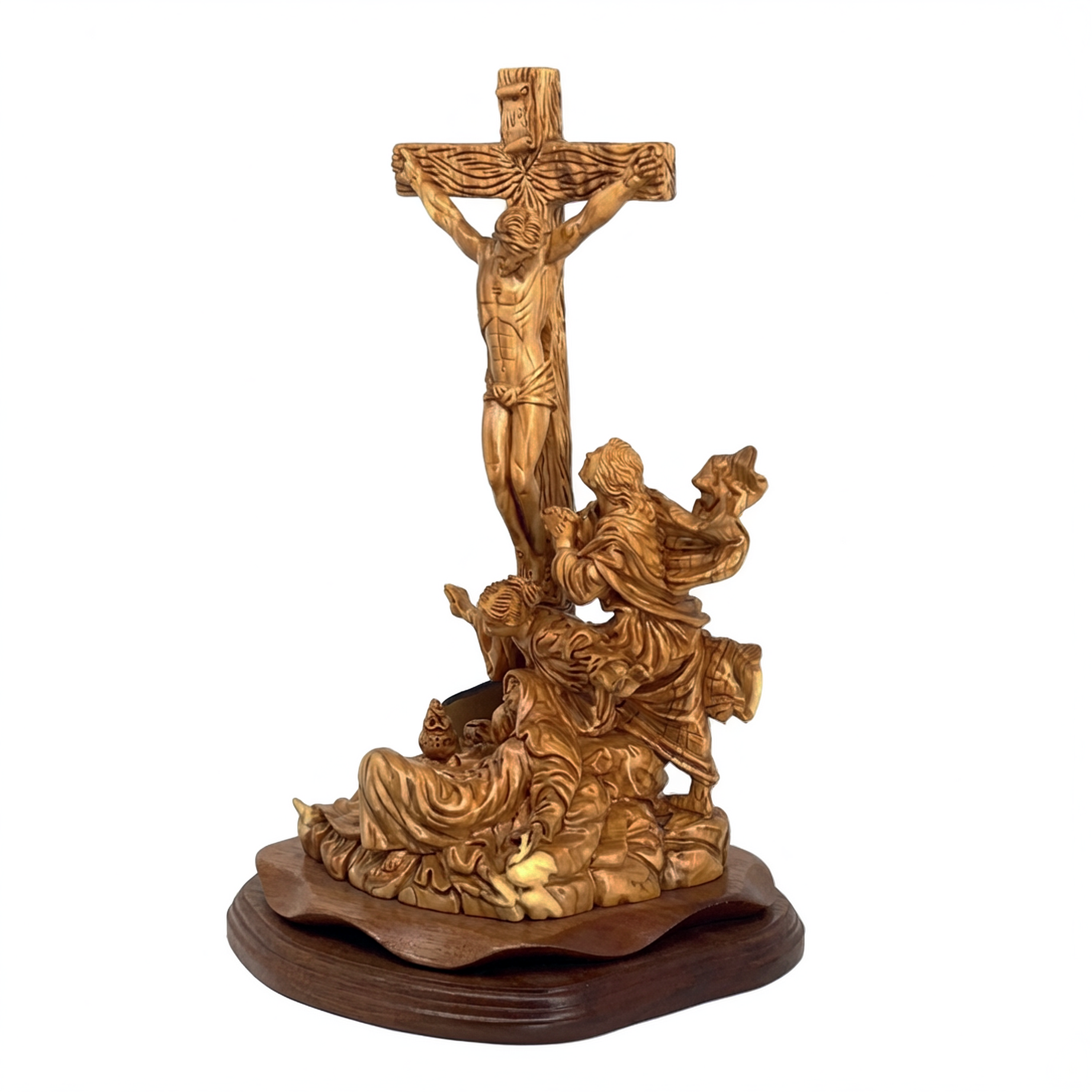 Christ Crucified on Cross with Mary Magdalene and St. John 14.4", Olive Wood Statue