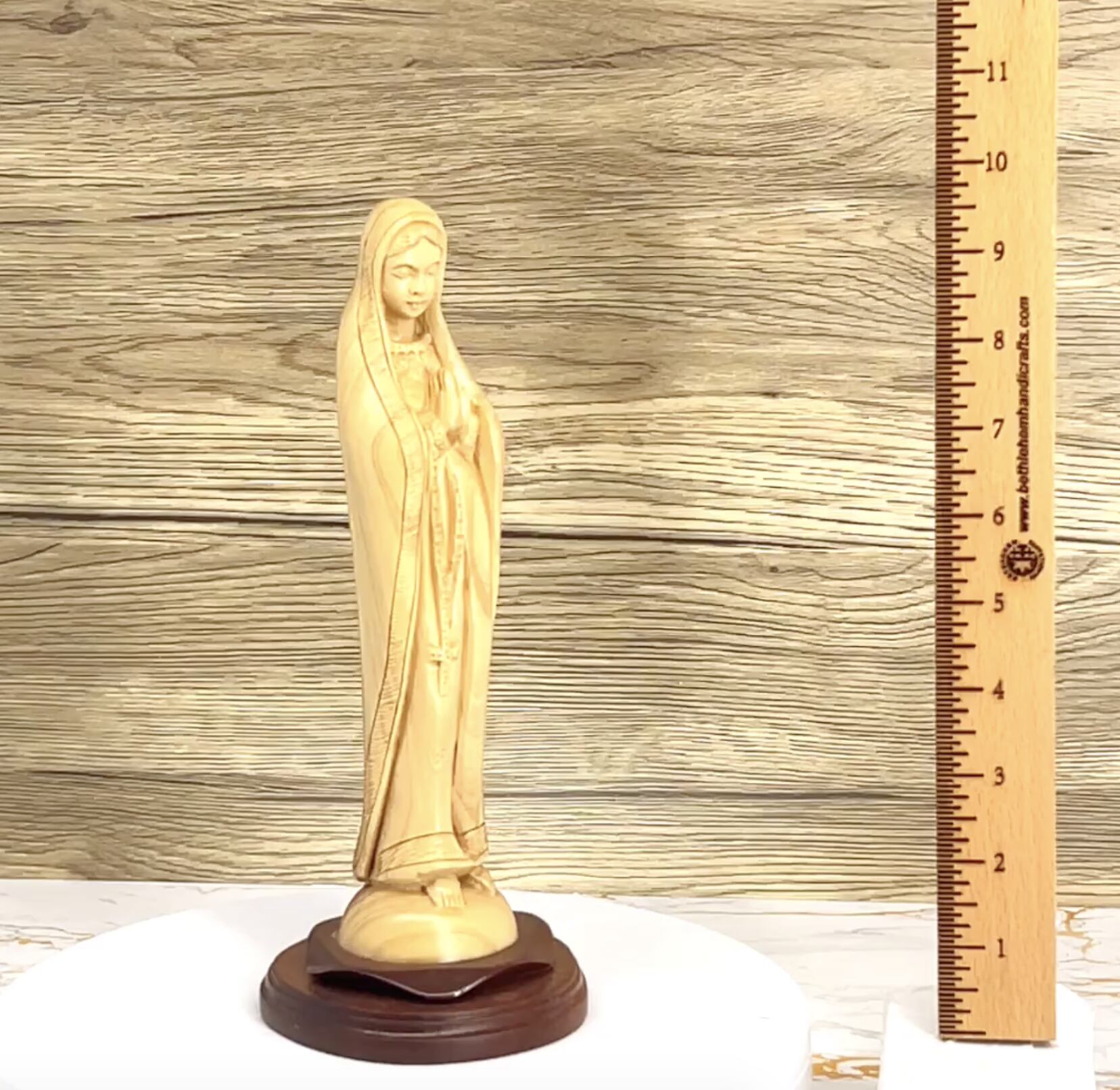 Blessed Mother Holding a Rosary, 10" Olive Wood Carving Statue from Bethlehem