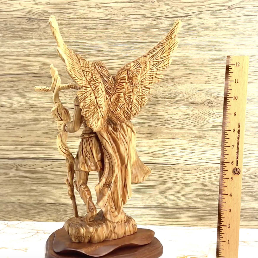 Angel olive wood statue hand carved in Bethlehem, 15 inch top angle showing detail of the craftsmanship