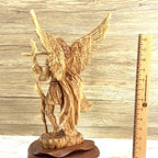 Angel olive wood statue hand carved in Bethlehem, 15 inch top angle showing detail of the craftsmanship
