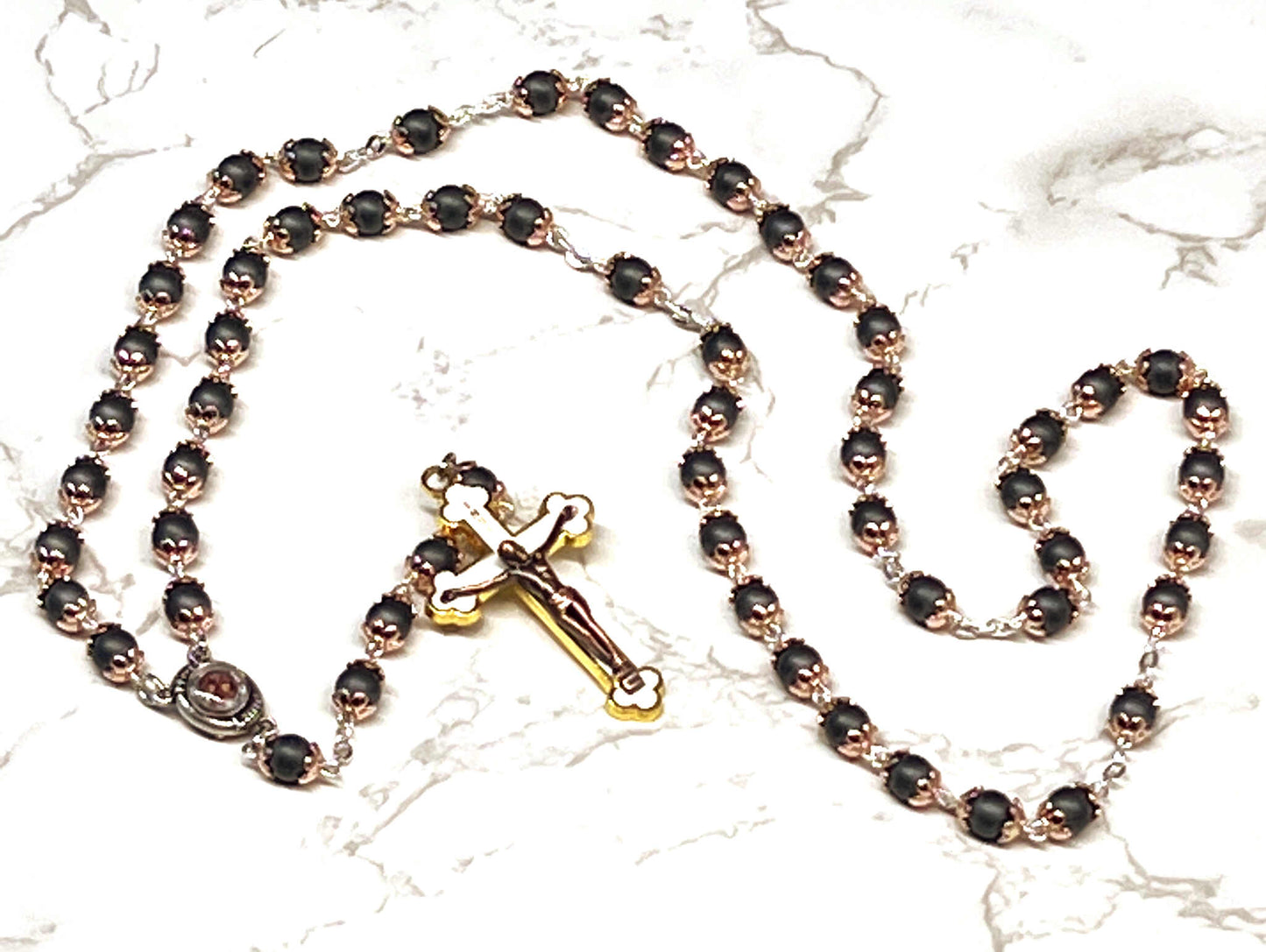 Rosary Necklace with Black Stone Beads and White Crucifix