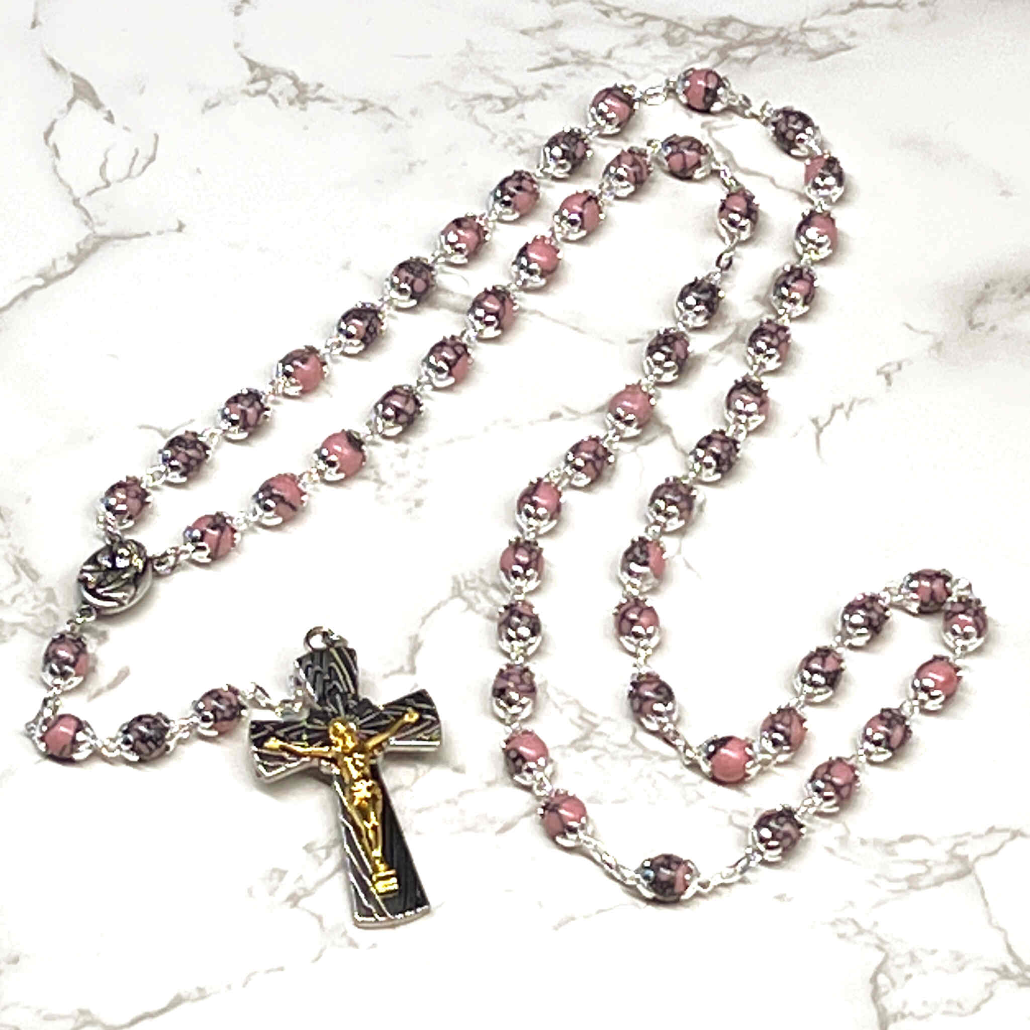 Pink Coral Stone Rosary, Contains Holy Land Soil, Made in