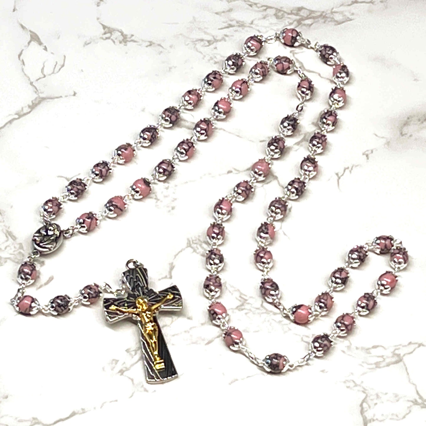 Rosary Necklace with Pink Stone Beads