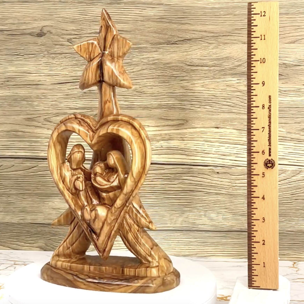 Holy Family olive wood statue hand carved in Bethlehem, 12.8 inch close detail of the hand carved work